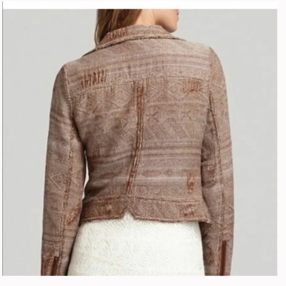 Free People Jacquard Tapestry Moto Blazer Jacket Brown/Cream Size 8 GUC